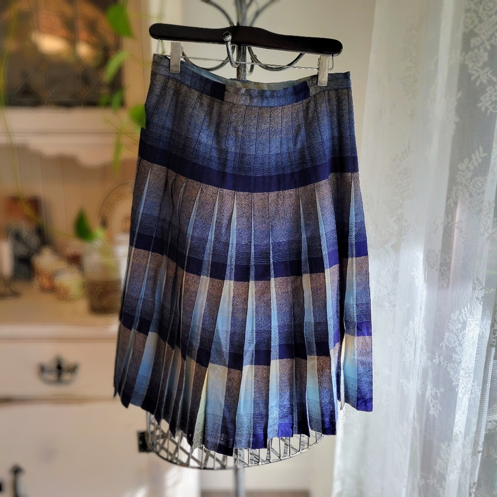 Vintage Wool Pleated A-Line Reversible Kilt Style Blue Yellow Midi Skirt